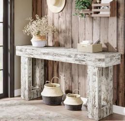 63-Inch Long Console Table, Farmhouse Wooden Sofa Table Behind The Couch, Narrow Entryway Table(Distressed White)