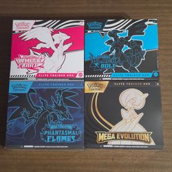 Pokemon Cards Black Bolt, White Flare, Mega Evolution, Phantasmal Flames Elite Trainer Boxes