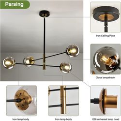 Vintage 4 lights metal chandelier , black glass globes ceiling fixtures