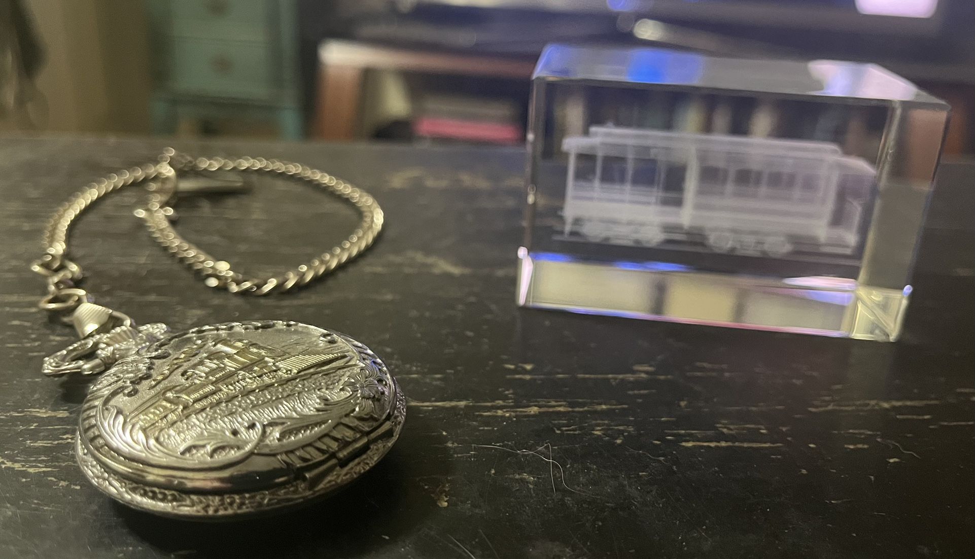 Train Pocket Watch and Train Etched Glass Paperweight