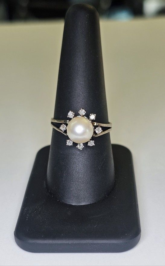 Vintage Gold Diamond Pearl Ring #09617