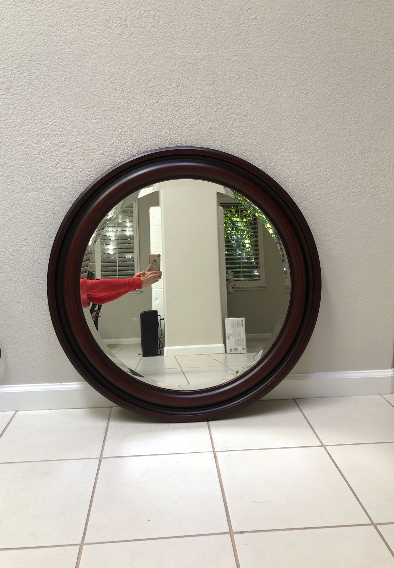 Round Mirror in rich espresso frame 33”
