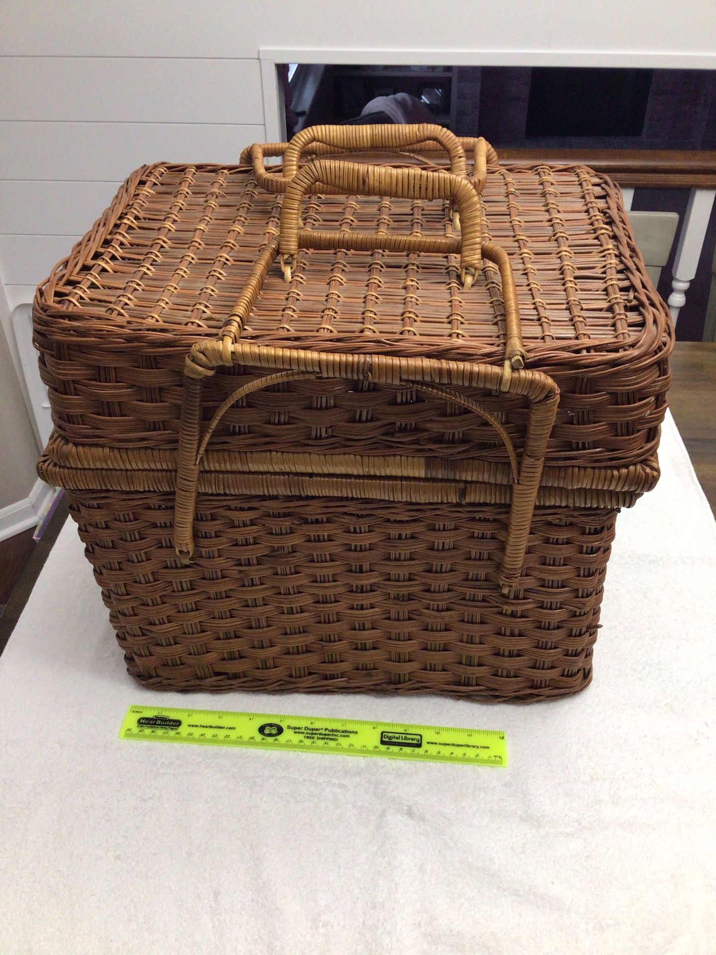 1970’s Vintage Wicker Picnic Basket with Lid and Handles Never Used Camping, Fishing, Sport Events