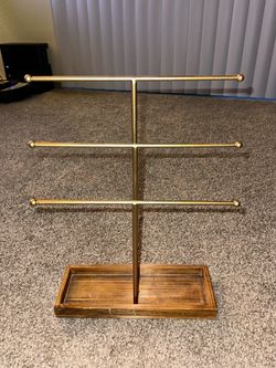 Gold Metal Jewelry Stand with Wood Tray