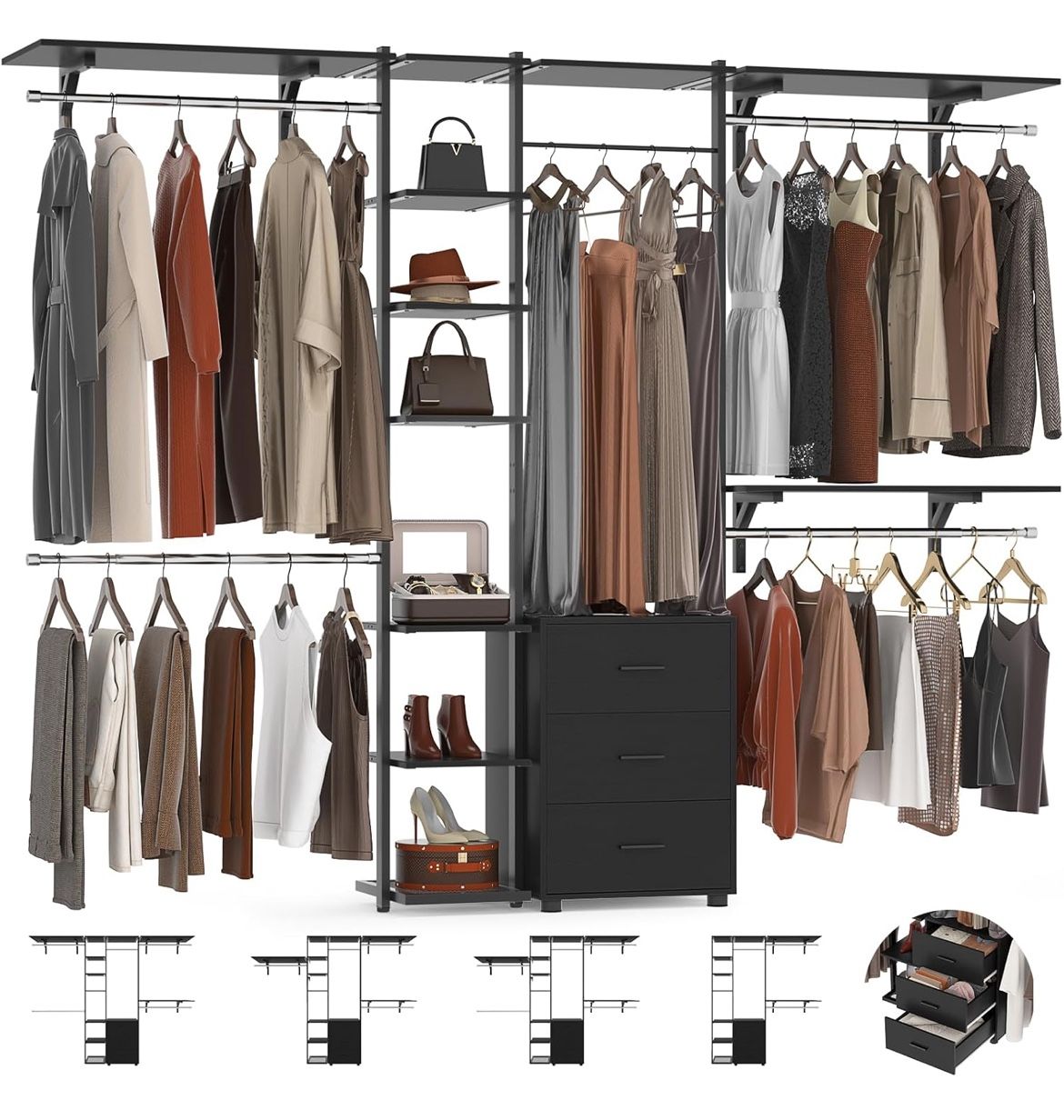 Closet System with Drawers, Closet Organizer System Storage with Shelves, 96'' Walk-in Closet with 5 Hanging Rods, Heavy Duty Wall Mounted Clothes War