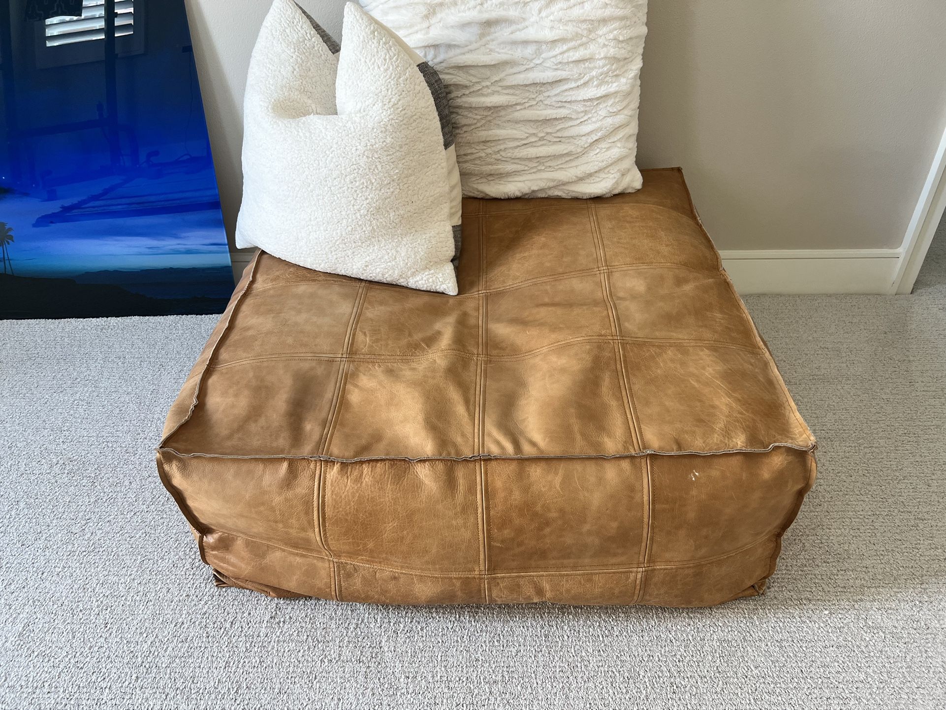 CB2 LARGE BROWN LEATHER OTTOMAN POUF