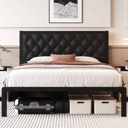 New FULL Size Metal Platform Bed Frame with Button Tufted Faux Leather Upholste - 75