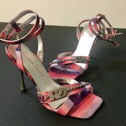 Slightly Used ladies Multicolor Red Or Dead Open Toe Shoes Size 7.
