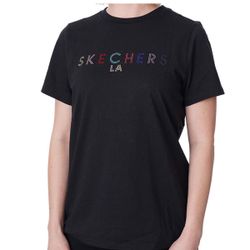 NWT Women Skechers LA "Shine" Rhinestone Logo Tee Black XL