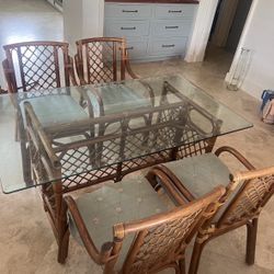 Dining Room Glass-Top Table & 4 Rattan Chairs 