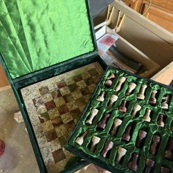 Antique Chess Board And Pieces