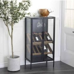 Deco 79 Metal 10 Bottle Standing Wine Rack with Wine Glass Holders and Wood Accents, 21" x 15" x 40", Black with glass doors/siding

This is brand new