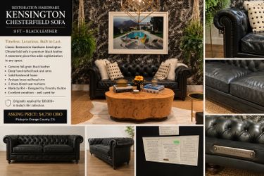 Restoration Hardware Kensington Chesterfield Leather Sofa – Black – 8’