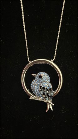 Silver Bird Pendant Necklace with Blue Crystals