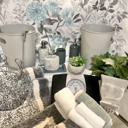 20 PC -Huge Bathroom  Bundle Grey,Blue & White-details Listed On Photo-swipe Over To See Photos -77064 Area