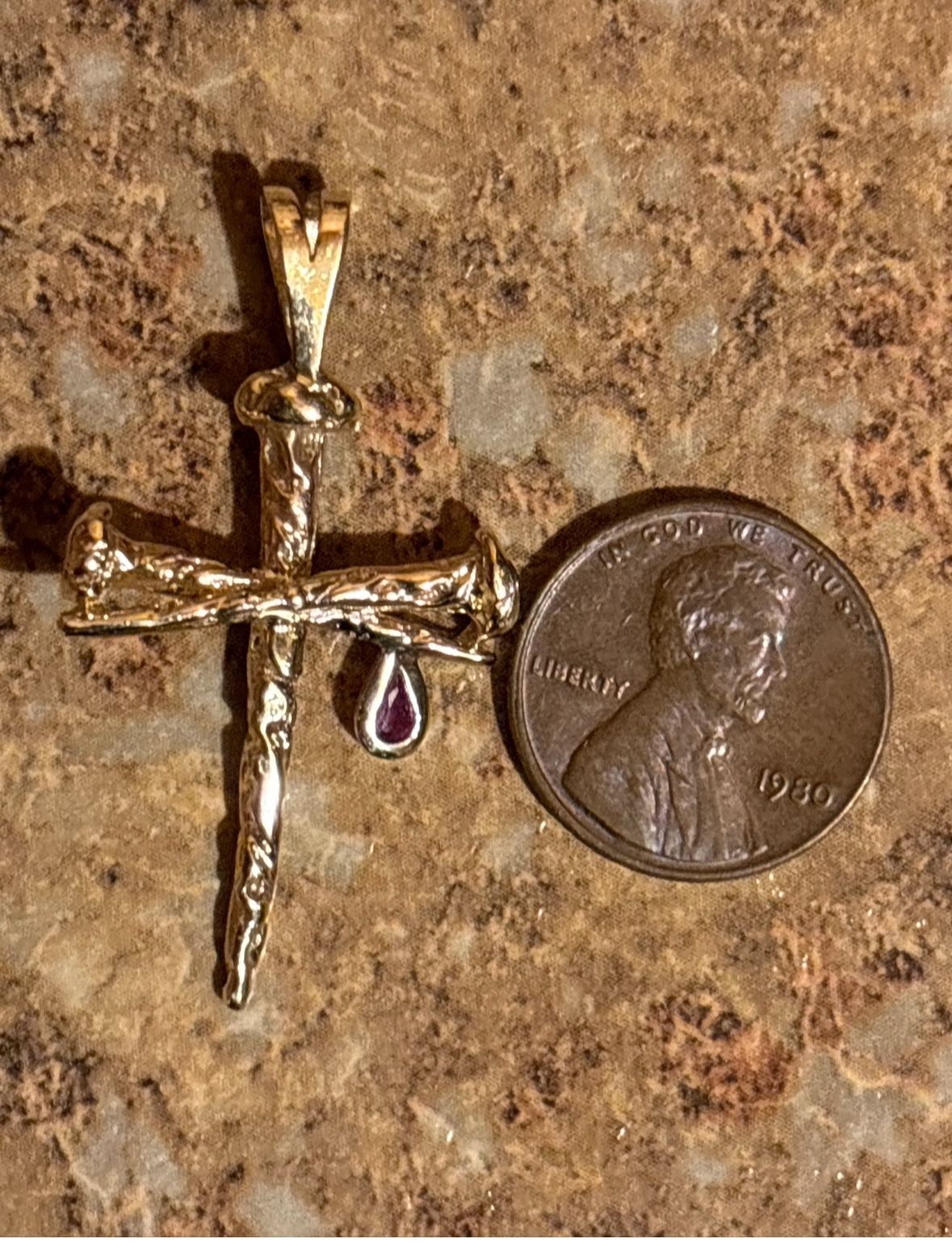 Show your faith with this custom made Cross with a ruby drop 14k solid gold