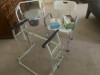 Disability aides: shower chair, bedside commode with liners, absorbing pads; commode side rails for lift