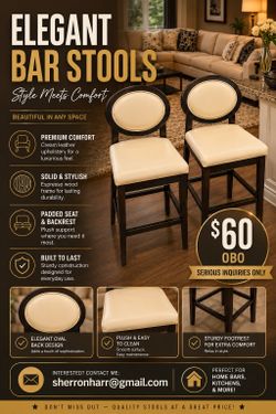 2 Bar Stools for sale (cream leather and espresso wood)