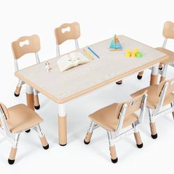 Kids Table and 6 Chairs Set, Height Adjustable Graffiti Desk, Preschool Activity Art Craft Table, for Daycare Classroom Home Boys and Girls Age 3-12 (