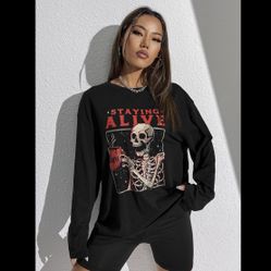 SHEIN Eduely Black Skull Graphic Drop Shoulder Tee Oversized Long Extra Small XS