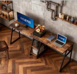 81” Double Computer Desk with Storage Shelves – Rustic Brown