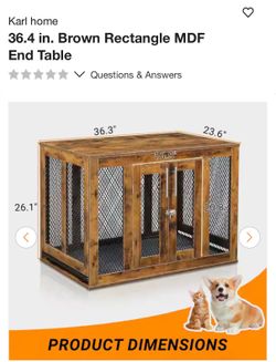 36.4 in. Brown Rectangle MDF End Table Dog or Cat crate kennel locking
