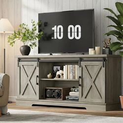 Farmhouse TV Stand with Sliding Barn Doors & Adjustable Shelves