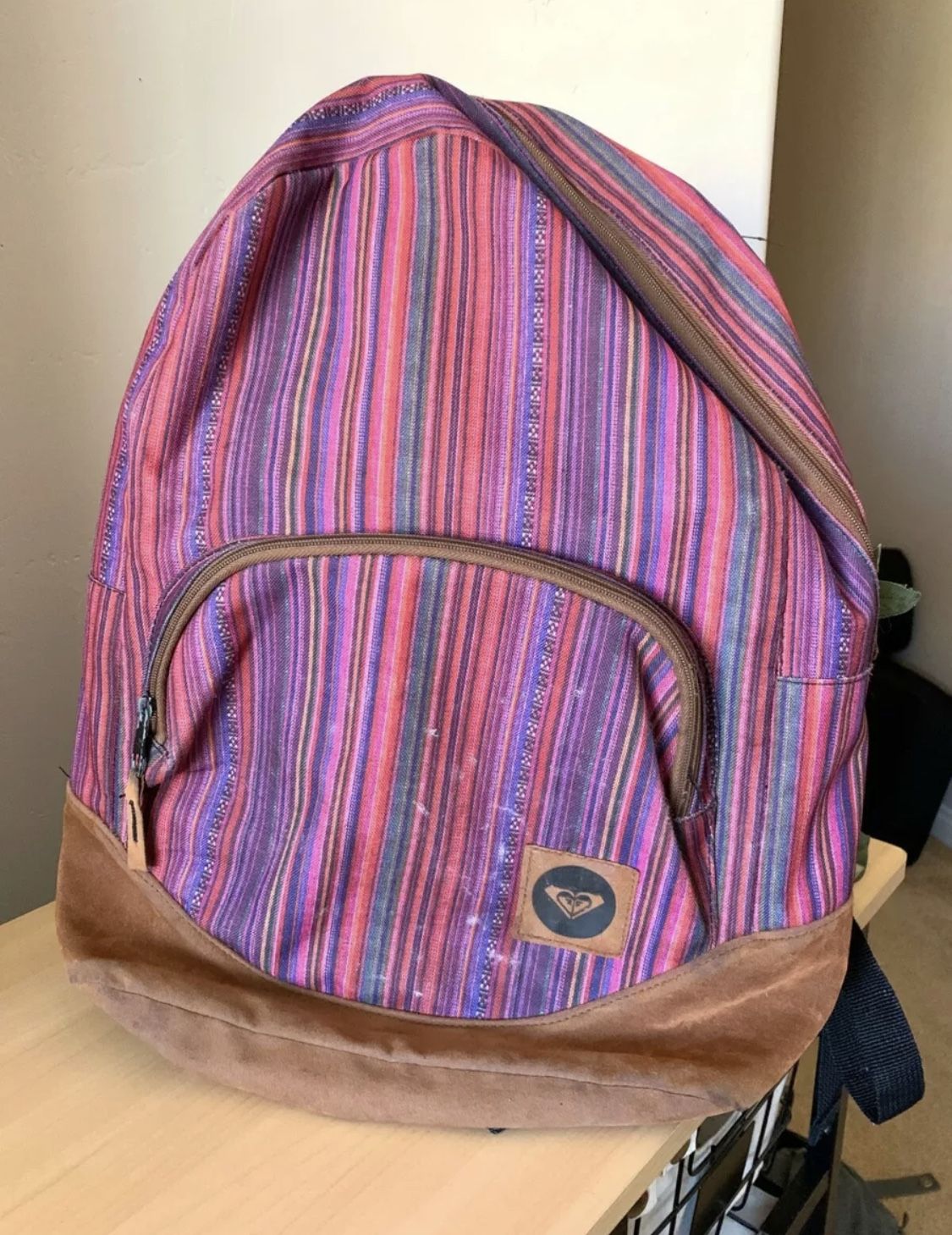ROXY Pink and Purple Striped and Suede Backpack