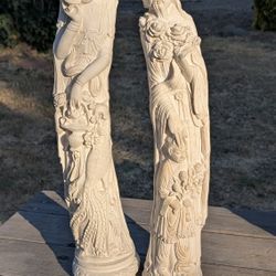 Pair of 25 Inch Asian Ceramic Statues of Immortals with Intricate Floral Detail

