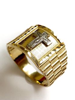 Cross religious ring 14K REAL YELLOW & WHITE GOLD.