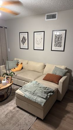 Beige Sectional Sofa with Ottoman