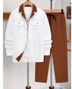 Men's Solid Button Front Longsleeves Shirt & Drawstring Waist Pants Set, Regular Fit Long Sleeve