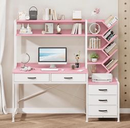 White & Pink Reversible Desk With Bookshelf