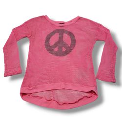 Hard Candy Top Size XL 15-17 Fishnet Shirt Cover Up Top Graphic Peace Logo Pink Measurements In Description 