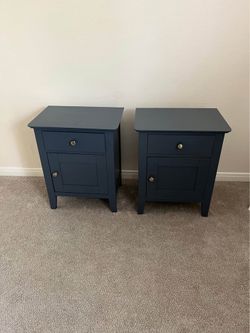 Pair of Navy Blue Nightstands with Drawer and Cabinet