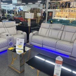 Leather bow sofa and loveseat, massage speaker, LED light
