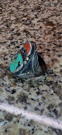 Native American turquoise and coral silver ring