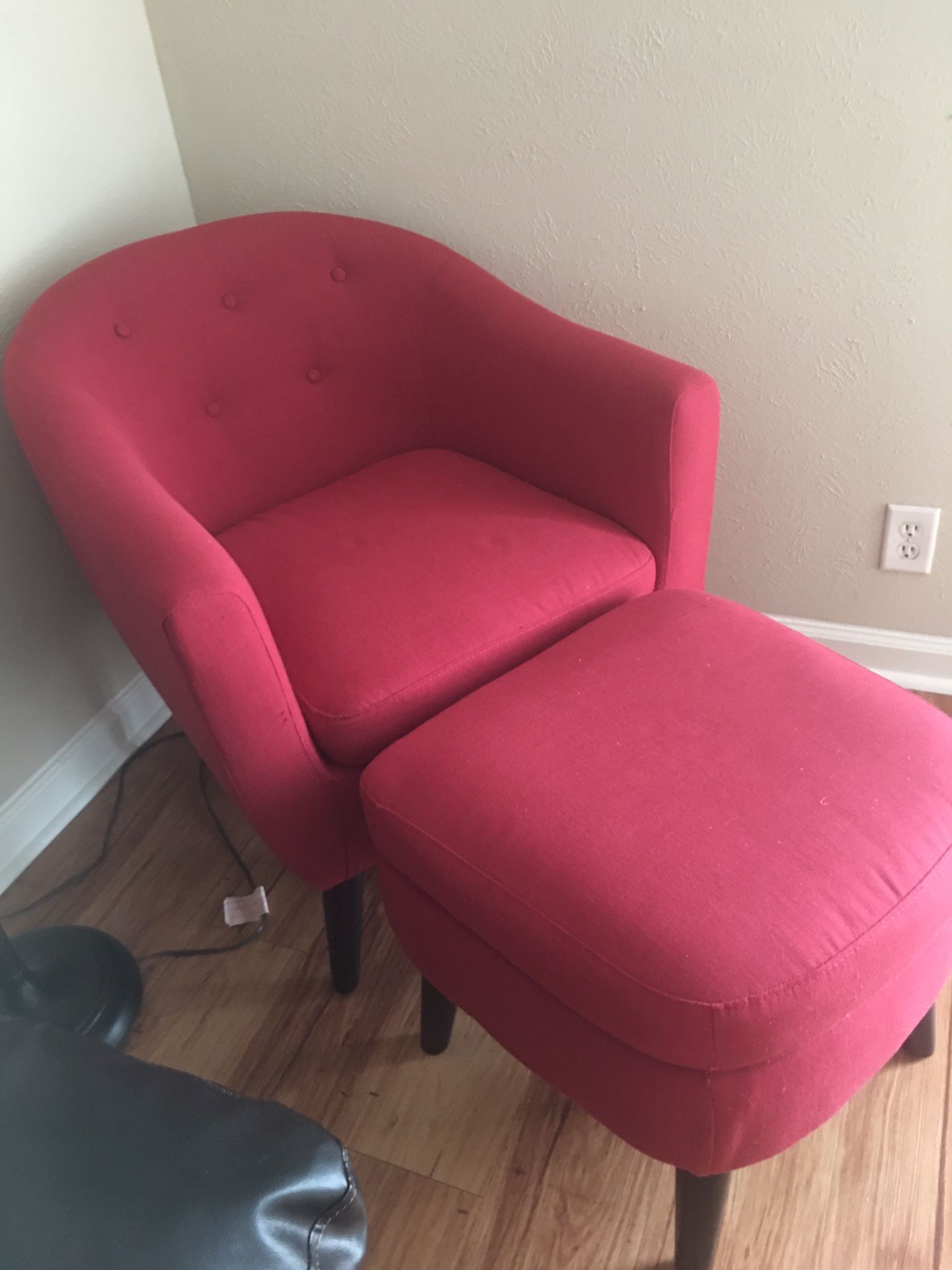Red accent chair from Wayfair, ottoman included