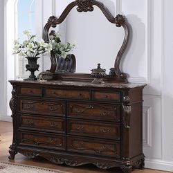Brand New Wooden Extra Large Master Bedroom Dresser Wood Carved Detail With Huge Mirror 