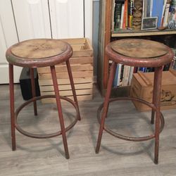 1950s Vintage Industrial Red Metal Frame Stools With Wooden Seats. These Were Used At Victory Auto Parts Many Many Years Ago. They Show Everyday Use. 