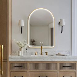 Niccy Arched LED Bathroom Mirror, 36"x24" Rose Gold Framed Arch Wall Lighted Mirrors, Arching Frontlit Vanity-Mirror with Memory Function for Bathroom