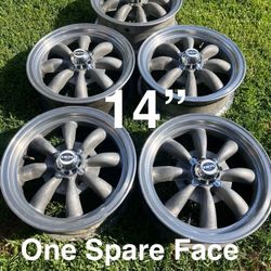 Vintage Race Wheels, Empi 4Lug, 4x114.3, 4x4.5, SEMA APPROVED, 14”, Datsun, Toyota, Corvair, Nova, Falcon, 240z, 510, Corsa, Located In LaHabra Ca