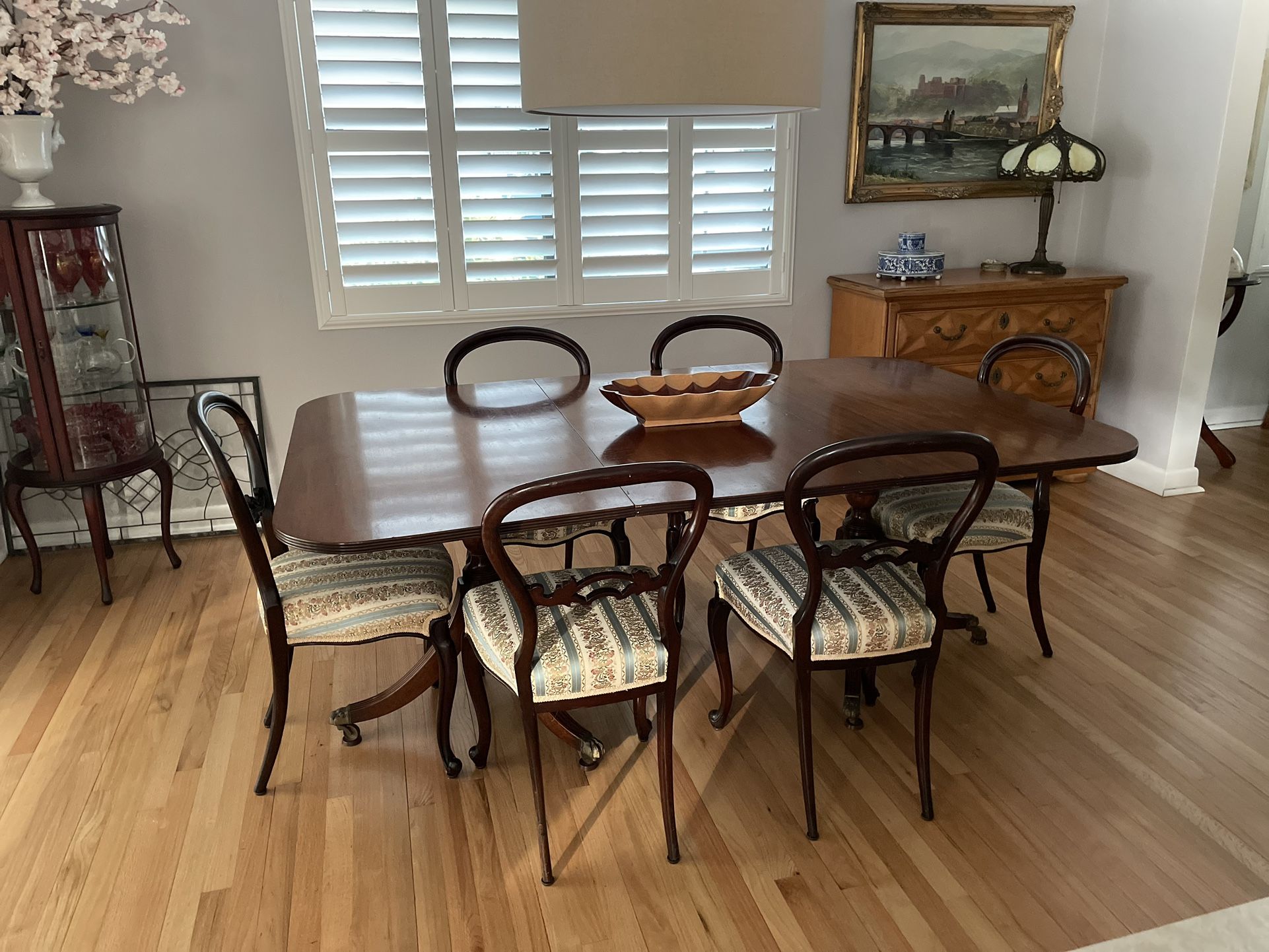 Duncan Phyfe Table, brass feet, 6 Upholstered Chairs