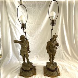 Set Of Two Rare Antique Metal Cast Don Caesar Conquistador Statue Table Lamps. 22” Tall With Out Shades. 