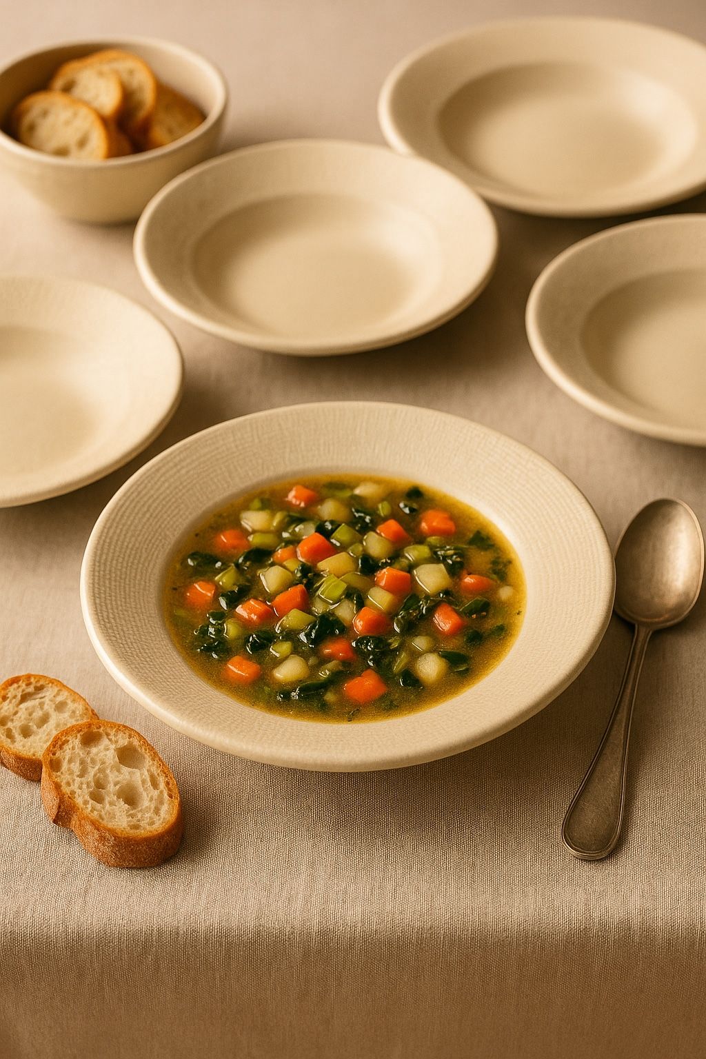 Poc À Poc France 1990s Linen-Texture Stoneware Soup Plates Set Of 5, 8x1.25”