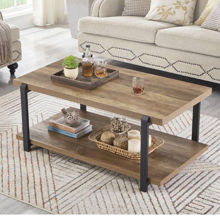FOLUBAN Industrial Coffee Table with Shelf, Wood and Metal Rustic Cocktail Table for Living Room, Oak

