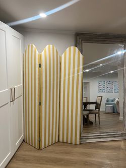 Cute 3-Panel Yellow & White Striped Room Divider