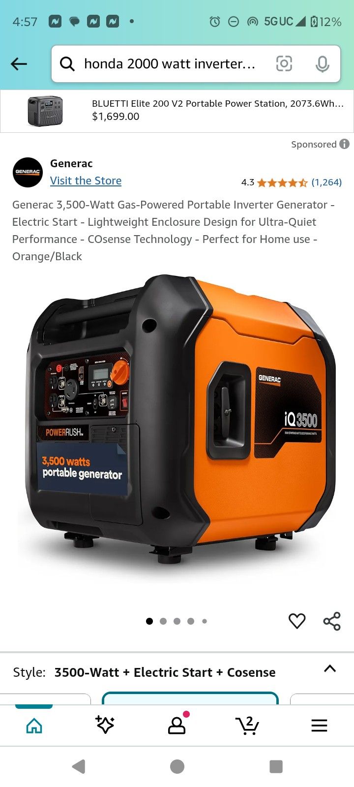 Generac IQ3500 Inverter Generator W/ Electric Start