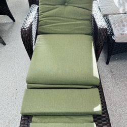 Wicker Outdoor Recliner Chair with Green Cushion– Adjustable Patio Lounge