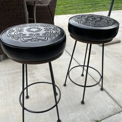 Beautiful Set Of Black Embossed Vinyl / (Leather??) Swivel Wrought Iron Stools   Price Is FIRM